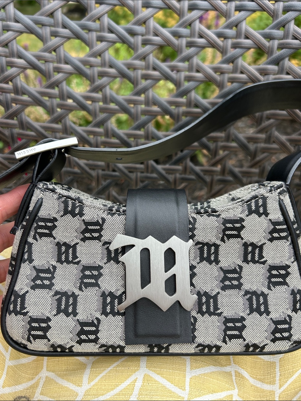 Monogram Black and Cream Shoulder Bag with Metal Emblem